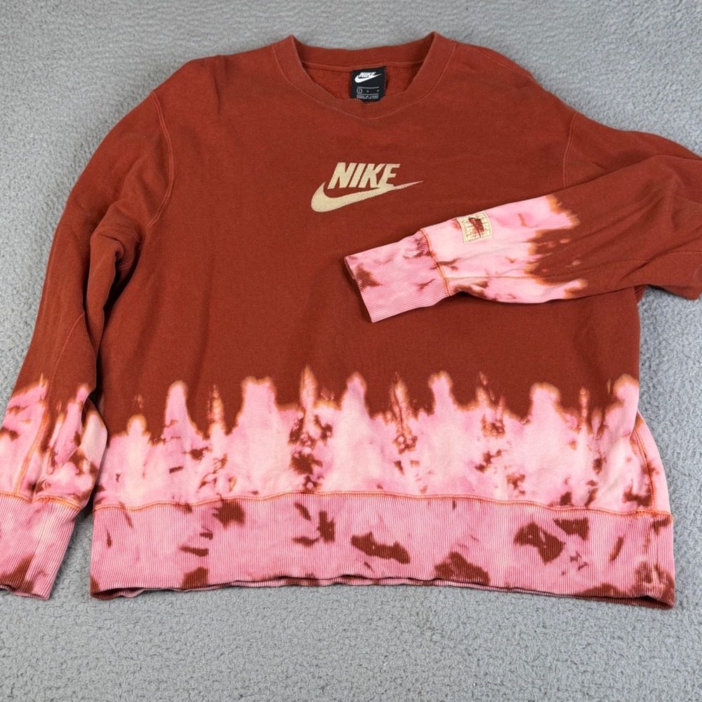 Nike Sweatshirt Mens L Orange Pink Tie Dye Patch Center Swoosh Spellout Sweater